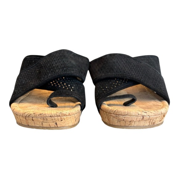 Donald J. Pliner Wedges Women 9.5 M Black Suede Crisscross Toe Ring Cork Sandals - Picture 5 of 11